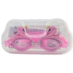 Çocuk Yüzücü Gözlüğü Silikon Taşıma Çantalı Pembe Kuğu - 9014