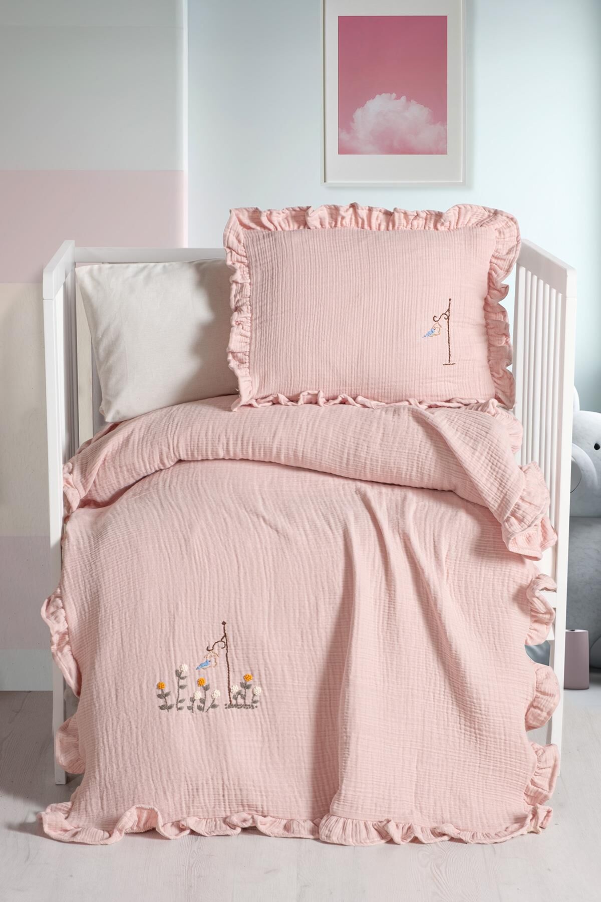 Kanz 4 Kat Hand Made Fırfırlı Müslin Örtü Seti Knz-020 Pudra