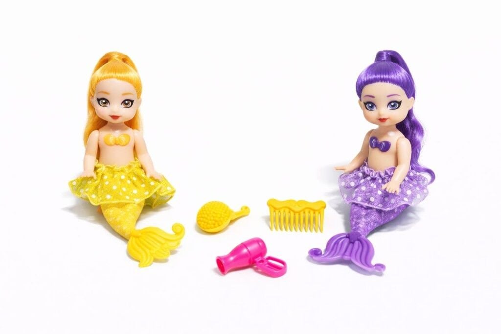 2'li Deniz Kızı Bebek Seti - Hareketli Eklemler ve Aksesuarlı -Sarı & Mor