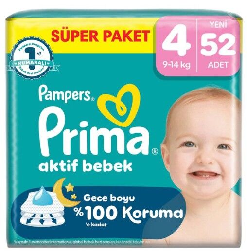 Prima Aktif Bebek Süper Paket Bebek Bezi 4 Beden 52 Adet