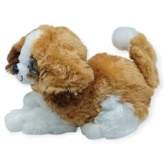 Sesli Peluş Yatan Köpek 25 cm - Kahve Beyaz