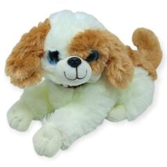 Sesli Peluş Yatan Köpek 25 cm - Beyaz Kahve