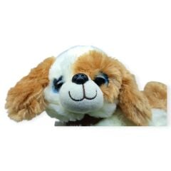 Sesli Peluş Yatan Köpek 25 cm - Beyaz Kahve