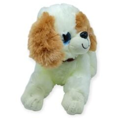 Sesli Peluş Yatan Köpek 25 cm - Beyaz Kahve