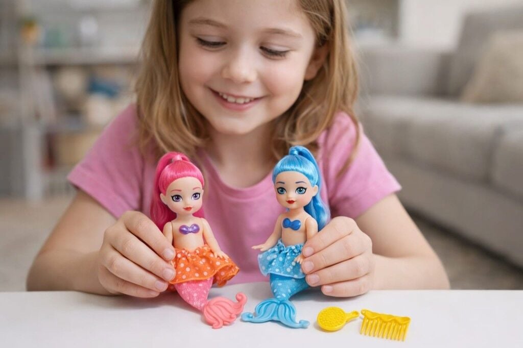 2'li Deniz Kızı Bebek Seti - Hareketli Eklemler ve Aksesuarlı - Pembe & Mavi