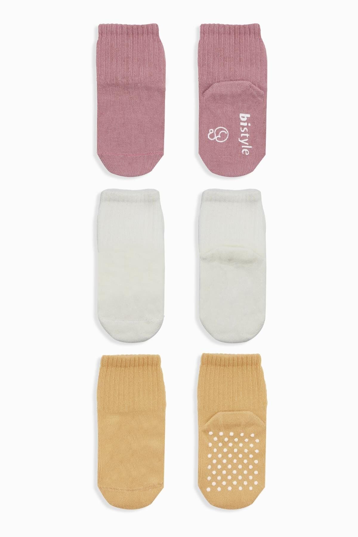 Bistyle Basic Kaymaz Penye Soket Çorap 3’Lü BS10107 Pudra Ekru Somon