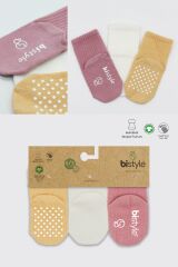 Bistyle Basic Kaymaz Penye Soket Çorap 3'Lü BS10107 Pudra Ekru Somon