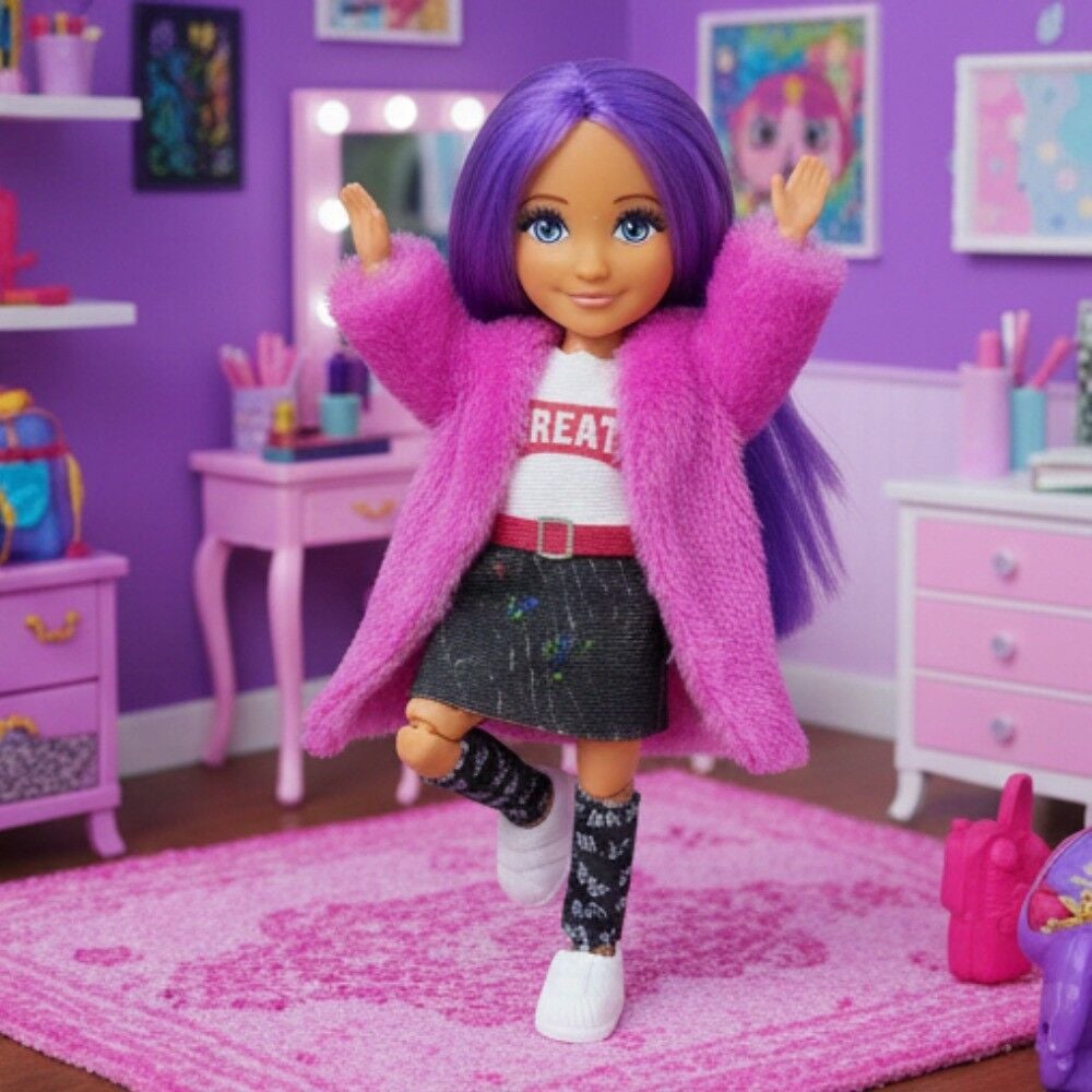 Ankiki Moda İkonu Bebek Figür 13 cm  - Mor Saçlı ''Great'' Stil (Etekli Kombin)