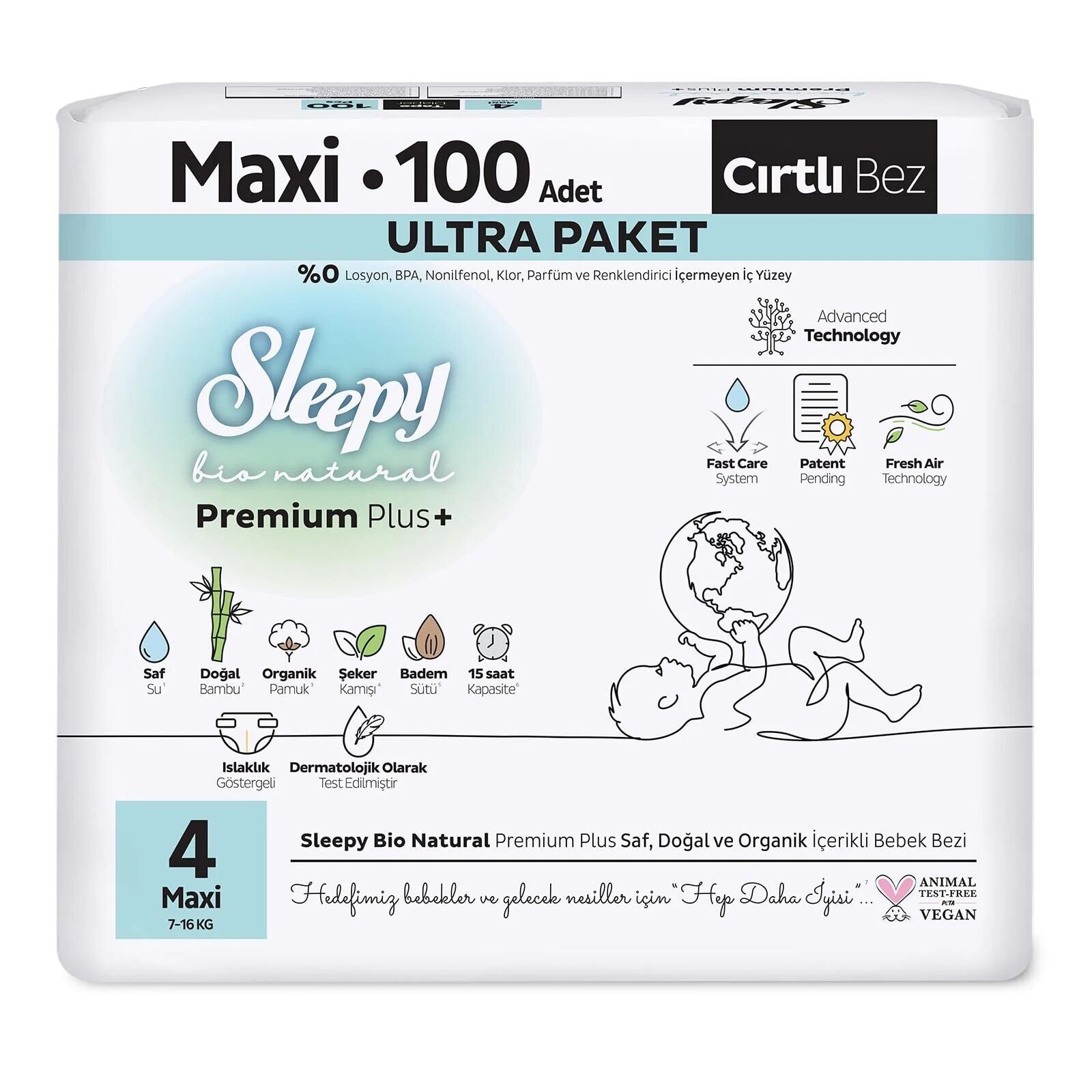 Sleepy Bio Natural Bebek Bezi Ultra Paket 4 Beden 100 Adet