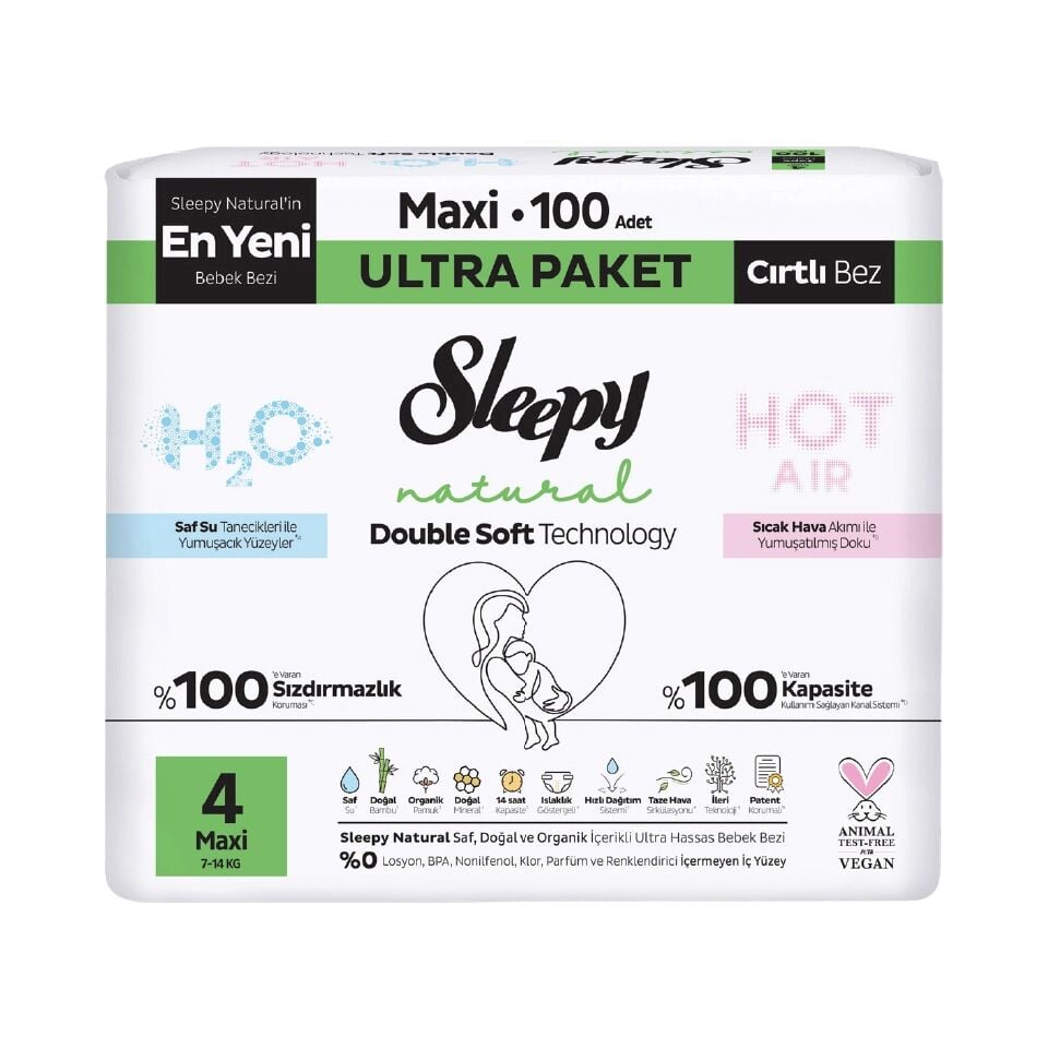 Sleepy Natural Double Soft Bebek Bezi Ultra Paket 4 Beden 100 Adet