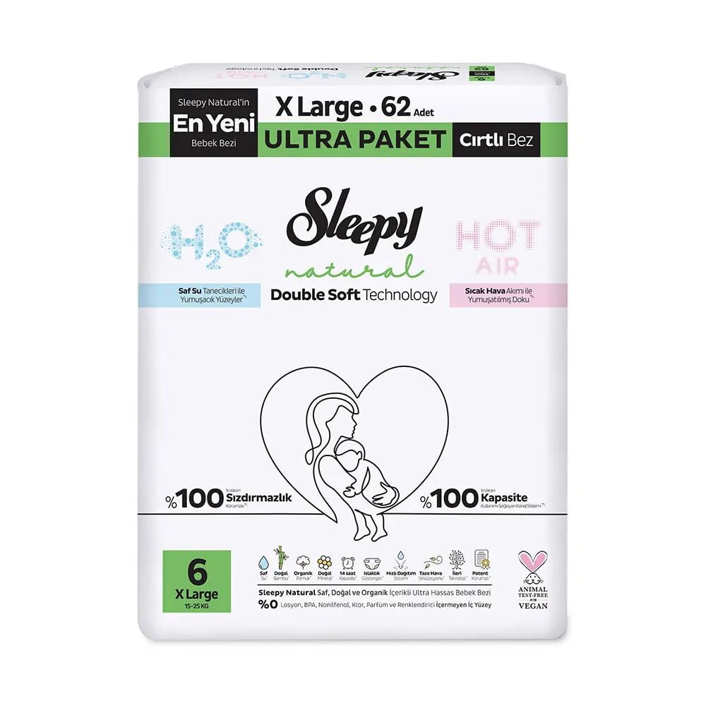 Sleepy Natural Double Soft Bebek Bezi Ultra Paket 6 Beden 62 Adet